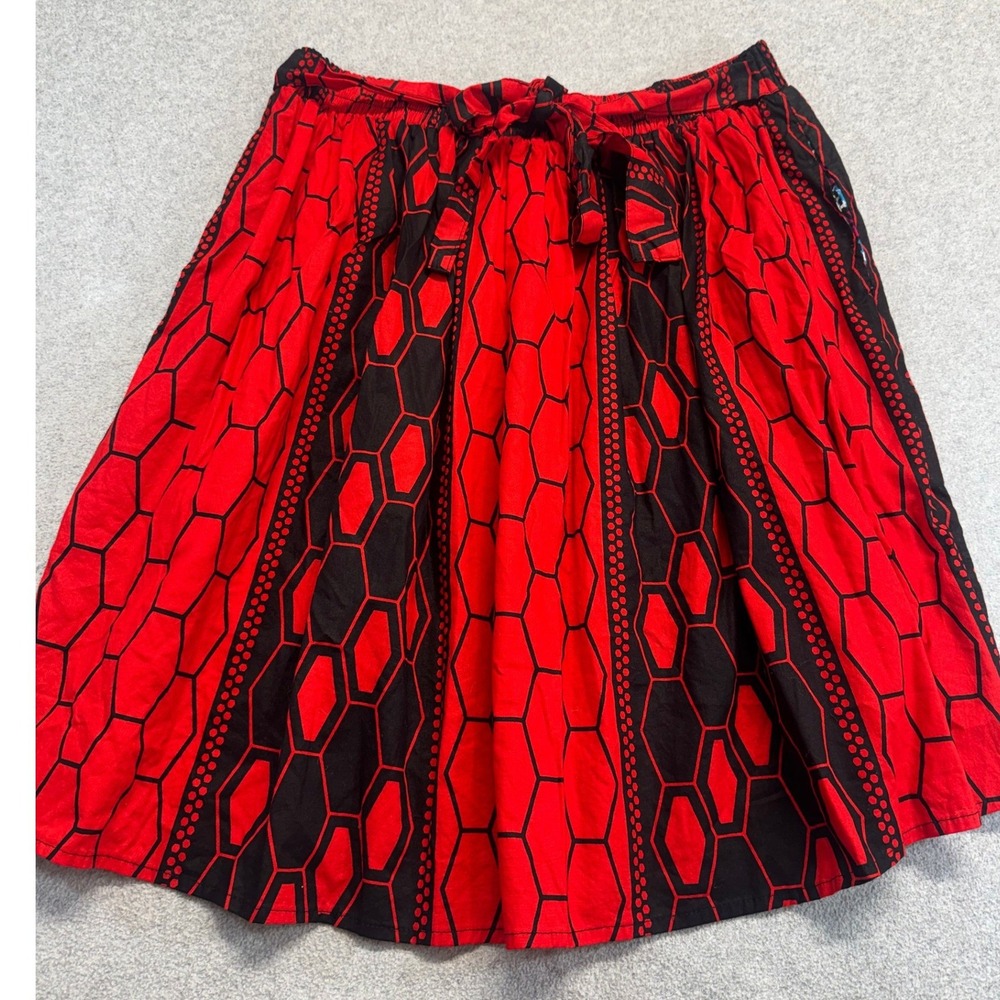 Red Black Tribal Print Midi Skirt Plus Size Elastic Waist Boho Handmade Style - Picture 1 of 8